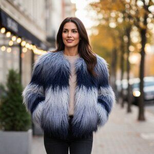 Ramy Brook Striped Faux Fur Coat | Navy Ombre Gray Samuel | Size XS